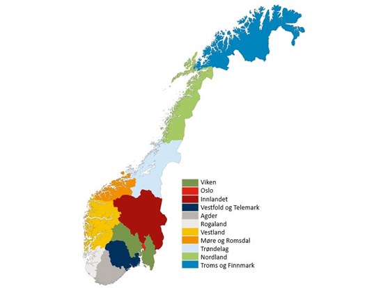 Norgeskart med dei nye fylkesnamna