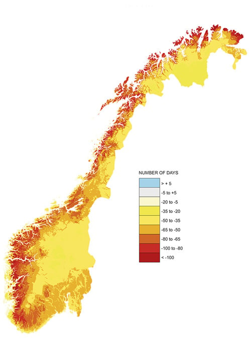 Figure 2.1 Map showing projected changes in the number of days of snow cover in Norway, 2071–21001