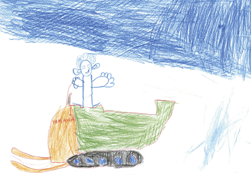 Figure 10.2 “Me on my scooter on our way to the cabin in the evening.” One
 of the three winners in the drawing competition “My Svalbard – why
 Svalbard is a good place to live” at Longyearbyen School.