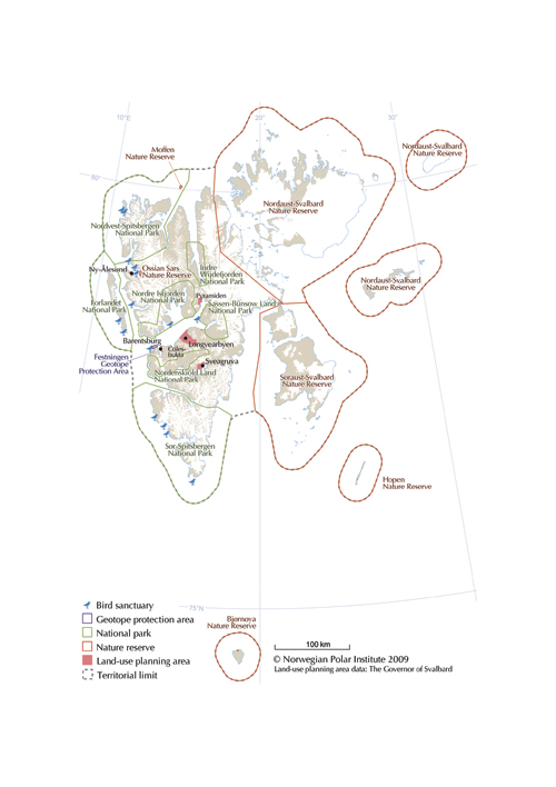 Figure 7.1 Boundaries for protected areas, land-use planning areas and
 territorial waters in Svalbard.