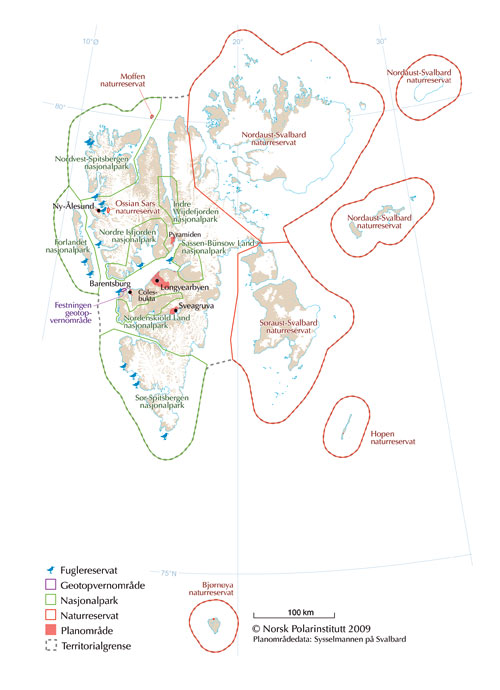 Figur 7.1 Grenser for verneområder, arealplanområder
 og territorialfarvann på Svalbard.