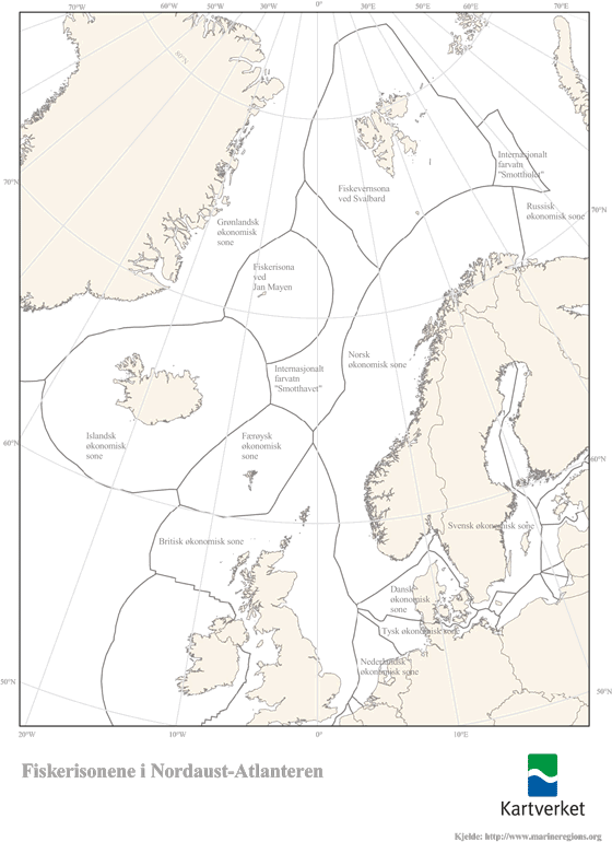 Figur 2.1 Kart som viser dei ulike fiskerisonene i Nordaust-Atlanteren
