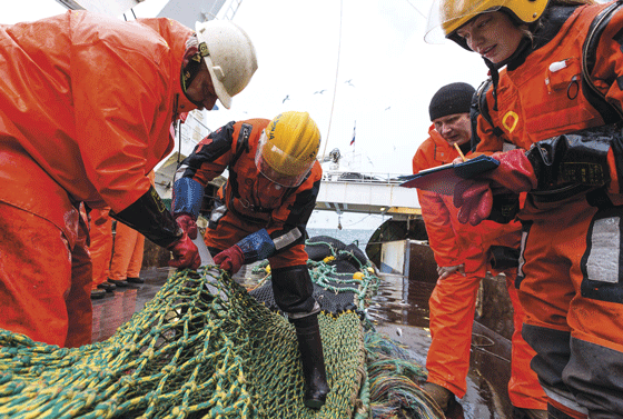 Figur 2.6  Kystvakta kontrollerer at fisket skjer på lovleg vis ved å måle maskestorleiken på trålen
