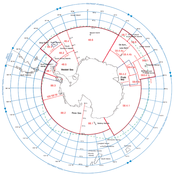 Figur 3.13 CCAMLR sitt konvensjonsområde og dei ulike underområda