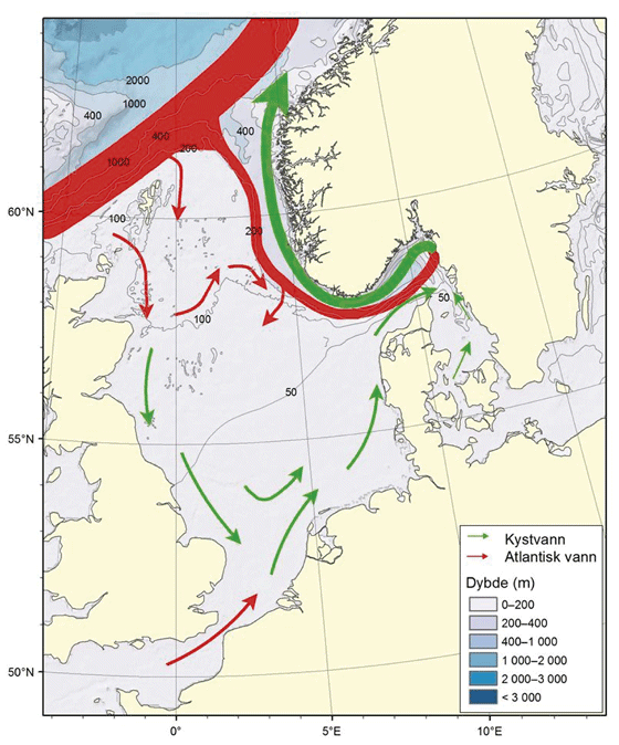 Figur 4.34 Nordsjøen og Skagerrak – straumar og djupn

