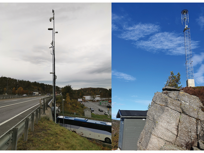 Figur 9.2 Fjernstyrt målestasjon med kapasitet til å detektere jamming av signal fra GNSS, plassert langs en hovedvei for tungtransport (venstre). Fjernstyrt målestasjon på Askøy utenfor Bergen (høyre)
