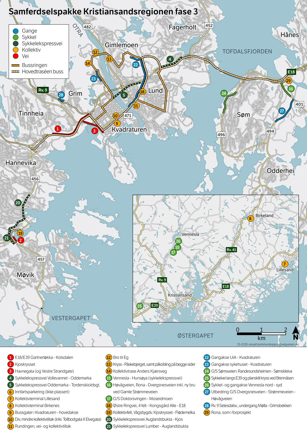 Figur 4.1 Prioriterte prosjekter og tiltak i Samferdselspakke for Kristiansandsregionen fase 3