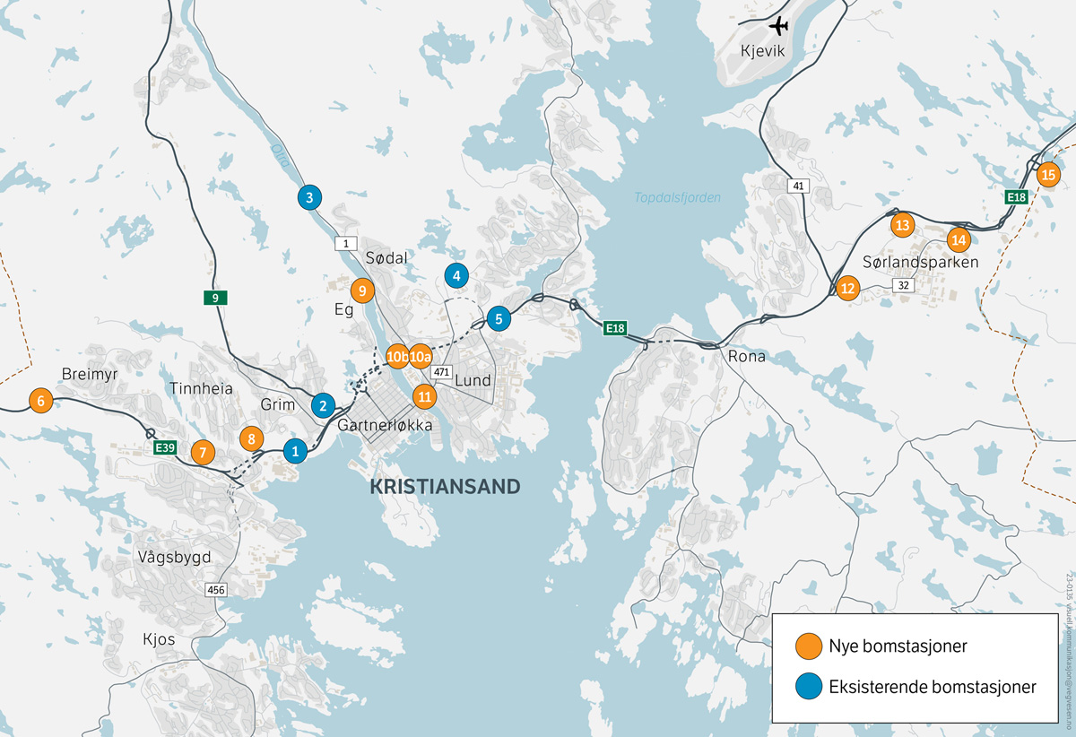 Figur 7.1 Kart som viser plasseringen av bomstasjoner i Samferdselspakke for Kristiansandsregionen fase 3.