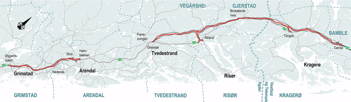 Figur 3.1 Kart over strekninga E18 Tvedestrand – Dørdal