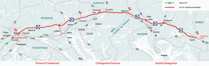 Figur 5.1 Prinsipiell plassering av bomsnitt på ny E18 Tvedestrand – Dørdal