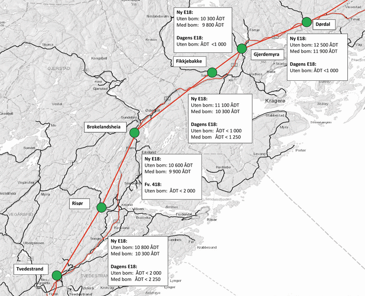 Figur 5.2 Trafikk langs dagens og ny E18 med og utan bompengar på ny E18 (ÅDT 2022)