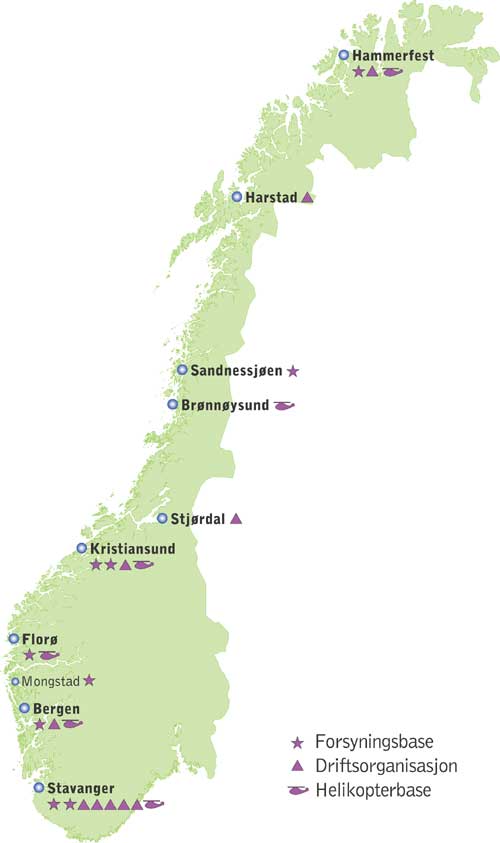 Figur 3.15 Driftsorganisasjoner, forsynings- og helikopterbaser i Norge