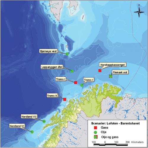 Figur 1.1 Geografisk plassering av fiktive felt som inngår i
 ULB-scenariene