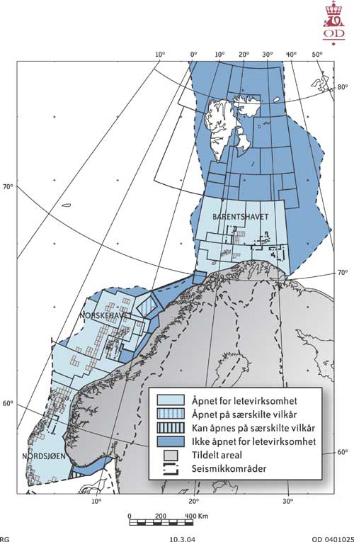 Figur 1.2 Oversikt over åpnede og ikke-åpnede områder
 for petroleumsvirksomhet