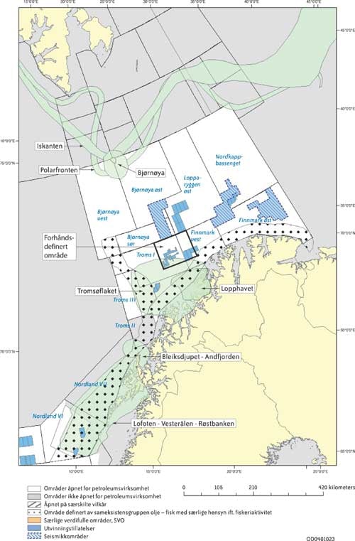 Figur 1.4 Oversikt over de høyest prioriterte særlig
 verdifulle områdene (SVO) og områder foreslått
 med begrensinger av petroleumsvirksomhet i forhold til fiskeriene