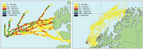 Figur 1.5 Oljens spredning over 30 døgn fra en tenkt oljeutblåsning
 i Nordland VII. Bildet til venstre angir scenariet med størst
 mengde olje som strander (sommersesong), mens bildet til høyre
 angir et gjennomsnittlig scenario (vintersesong)