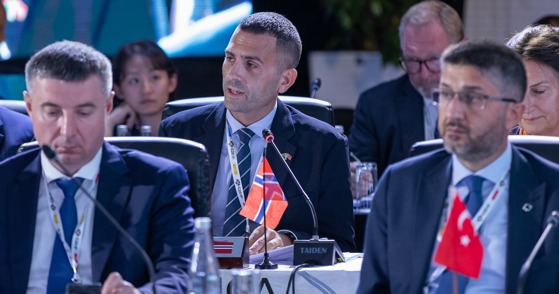 Statssekretær Kjetil Vevle holder tale under G20-møtet i Sør-Afrika.