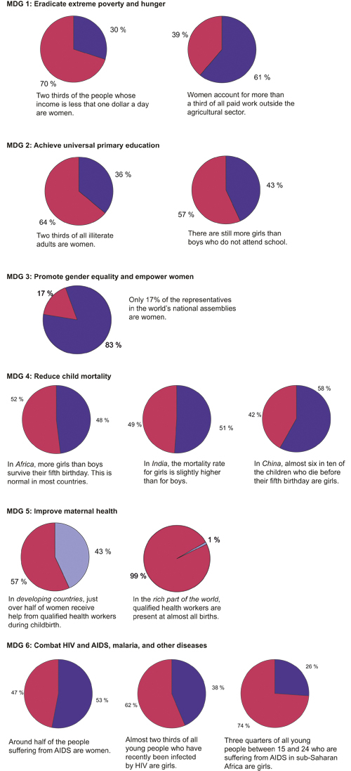 Figure 1.1 There are no statistics that show the gender distribution
 for MDG 7 on ensuring environmental sustainability or for MDG 8
 on developing a global partnership for development.