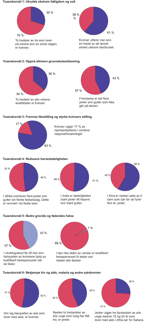 Figur 1.1 Det er ikke tilgjengelig statistikk fordelt på kvinner
 og menn for tusenårsmål 7 om å sikre
 en miljømessig bærekraftig utvikling eller tusenårsmål
 8 om å utvikle et globalt partnerskap for utvikling.