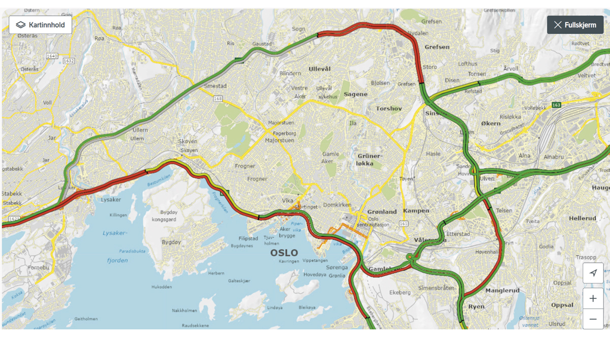 Figur 5.1 Visualisering av dynamiske data om reisetider for biltrafikk