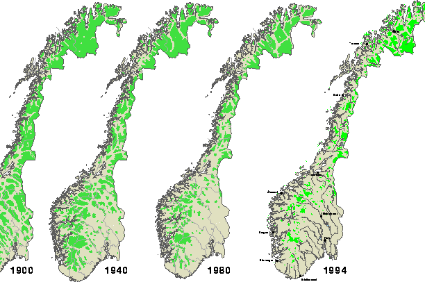 Figur 5.1 Utviklingen av områder som ligger mer enn 5 km fra tyngre tekniske
 inngrep