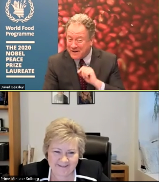 Statsminister Erna Solberg  gratulerte igjen Verdens matvareprogram med tildelingen av årets Nobels fredspris.