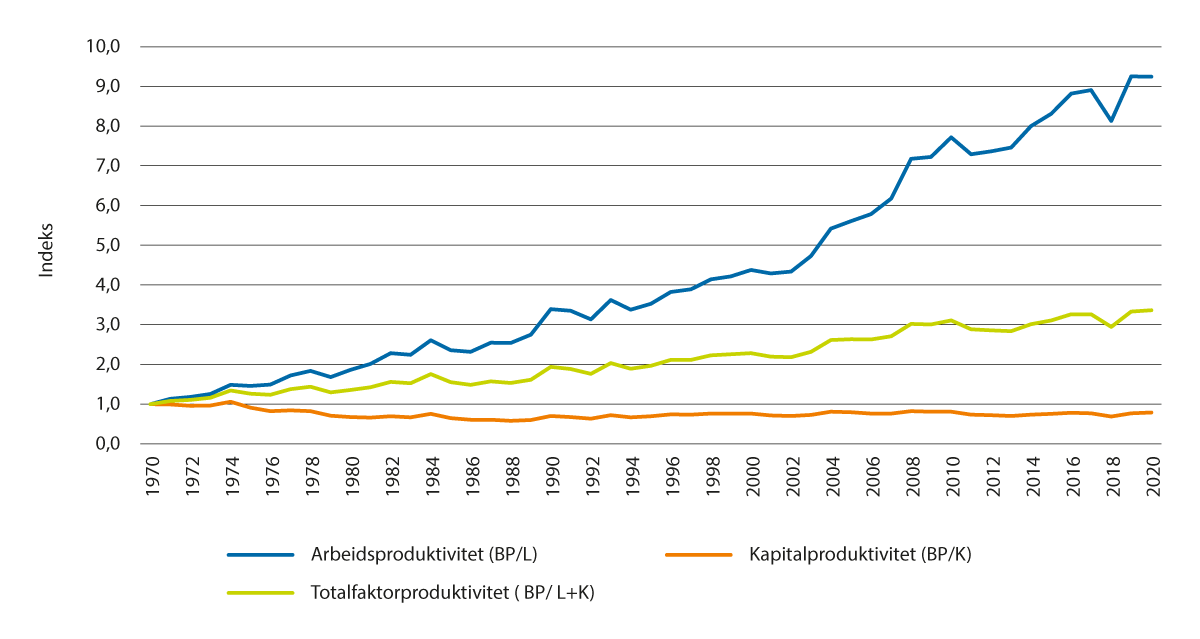 Figur 2.16 Produktivitet 1970–2020, uttrykt ved tre produktivitetsmål basert på bruttoprodukt