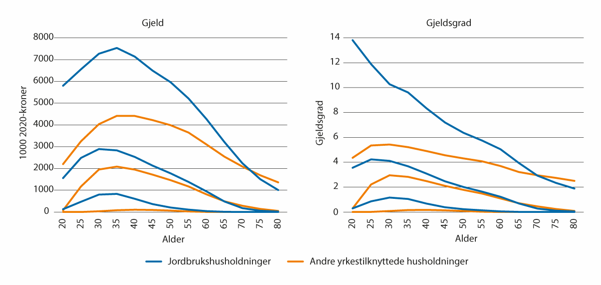 Figur 5.14 10-, 50- og 90-persentilene i gjeld og gjeldsgrad, etter alder