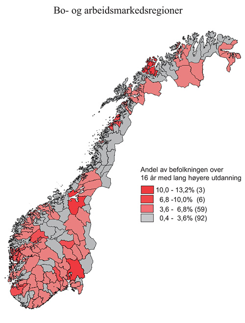 Figur 7.4 Andel med lang høyere utdanning. Bo- og arbeidsmarkedsregioner. 2014
