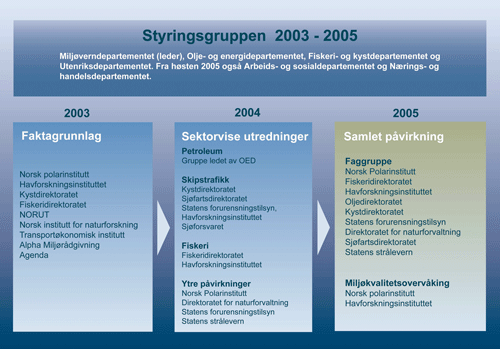 Figur 2.3 Styringsgruppens arbeid og organiseringen av arbeidet med det faglige grunnlaget for utarbeidelsen av helhetlig forvaltningsplan for Barentshavet og havområdene utenfor Lofoten.