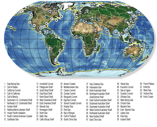 Figur 2.6 Verdens store marine økosystemer og tilknyttede vassdrag (Large Marine Ecosystems (LME))