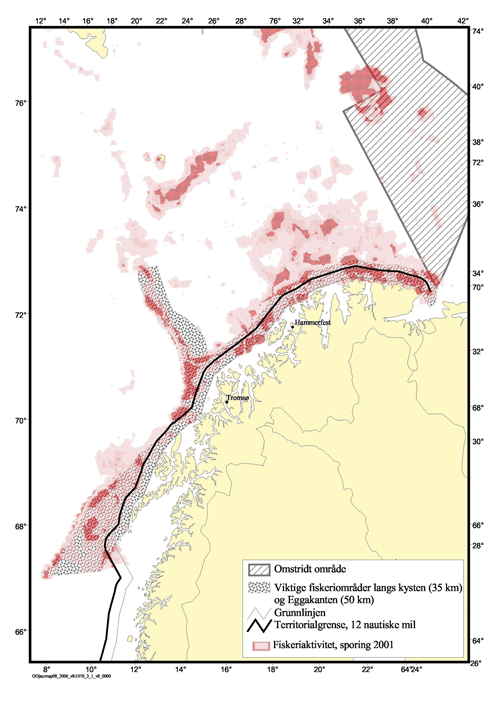 Figur 3.10 Kart som viser de viktigste fiskeriområdene og satellittsporing av fiskefartøy over 24 meter.