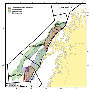 Figur 3.12 Områder som i dag antas å ha størst potensial for petroleumsressurser i Lofoten-Vesterålen.