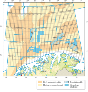 Figur 3.13 Områder som i dag antas å ha størst potensial for petroleumsressurser i Barentshavet.