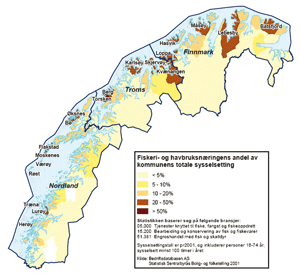 Figur 3.15 Oversikt over antall ansatte innenfor fiskeri- og havbruksnæringen i forhold til kommunens totale sysselsetting i de tre nordligste fylkene.