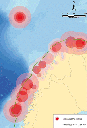 Figur 3.7 Særlig verdifulle områder for sjøfugl i området fra Lofoten til grensen mot Russland.