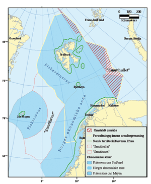 Figur 4.1 Norges økonomiske sone. Norge har opprettet tre soner på 200 nautiske mil; Norsk økonomisk sone utenfor fastlandet, Fiskevernsonen ved Svalbard og Fiskerisonen ved Jan Mayen. Smutthullet og Smutthavet er internasjonale farvann.