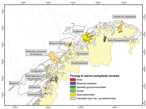 Figur 4.5 Forslag fra et rådgivende utvalg til marine beskyttede områder i den nordlige landsdelen.