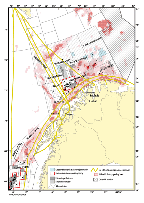 Figur 5.11 Samlet påvirkning fra aktiviteter i sørlig del av Barentshavet og havområdene utenfor Lofoten.