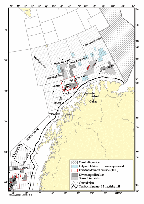 Figur 5.4 Områder hvor det i dag er utvinningstillatelser, seismikkområder, forhåndsdefinert område (TFO), samt blokker utlyst i 19. konsesjonsrunde.