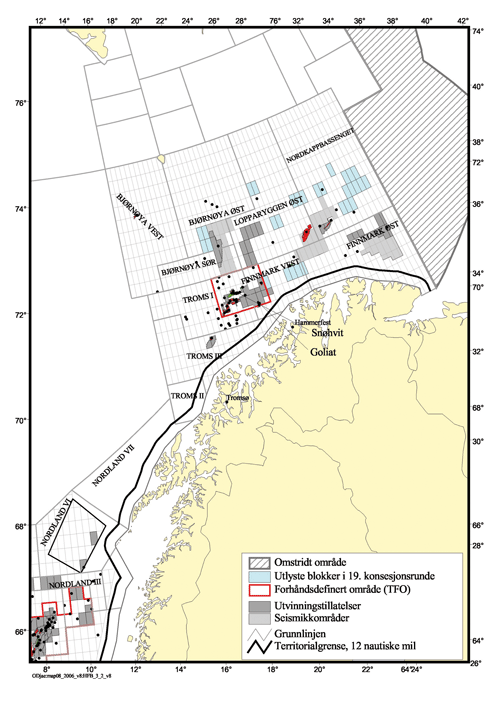 Figur 5.4 Områder hvor det i dag er utvinningstillatelser, seismikkområder, forhåndsdefinert område (TFO), samt blokker utlyst i 19. konsesjonsrunde.