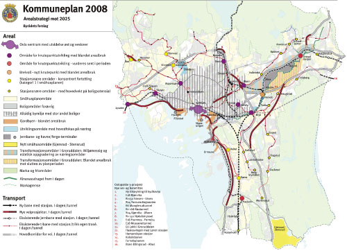 Figur 10.11 Arealbruksstrategien i forslag til ny kommuneplan for Oslo
 2008 – 25 legger vekt på utvikling av
 Fjordbyen, Sentrum, knutepunkter og stasjonsnære områder,
 med banenettet og andre viktige kollektivårer som ryggrad.
 Viktige prosjekter i Oslopak...