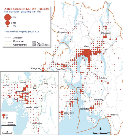Figur 10.8 Lokalisering av boligbygging i Osloregionen 1995 – 2006.