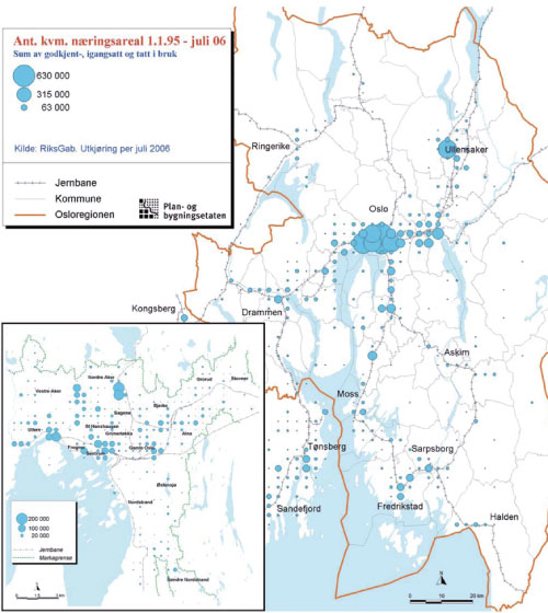 Figur 10.9 Lokalisering av nytt næringsareal i Osloregionen 1995 – 2006.