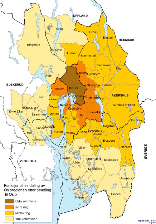 Figur 2.3 Osloregionens nivåer: Oslo by, indre ring, midtre
 ring og ytre kommuner.