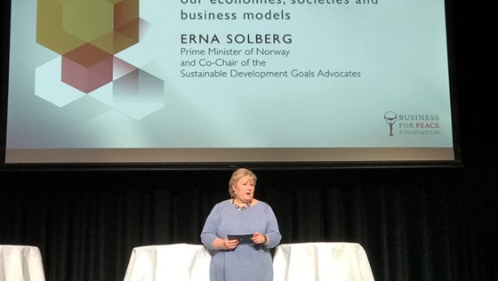 Prime Minister Erna Solberg at Business for Peace Summit in Oslo.
