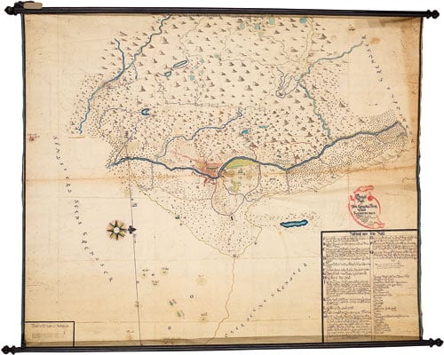 Figur 4.3 Kart over Kongsberg i 1746. Digitalisering av kart og tegninger
 er prioritert.