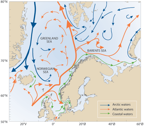 Figure 2.1 The map shows the systems of currents in the North Sea, the
 Norwegian Sea, the Greenland Sea and the Barents Sea. The Gulf Stream,
 which sweeps into the Norwegian Sea and onwards towards the north
 is responsible for the whole of the Norwegian S...