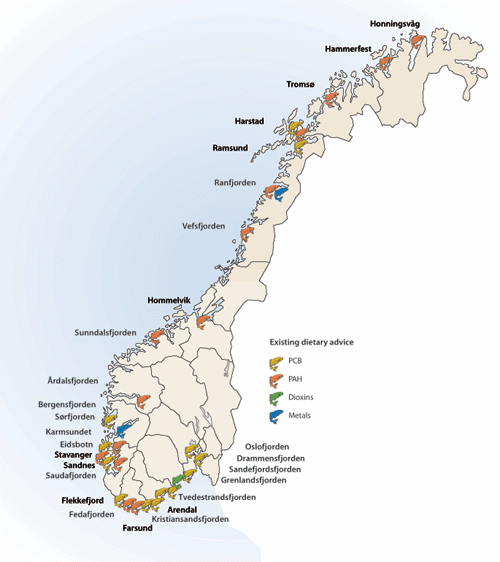 Figure 3.10 Areas which are the subject of dietary advice or restrictions.
 These are areas where the content of environmental pollutants is
 so high that the food authorities have introduced bans on the sale
 of fish and shellfish and/or given advice on the ...