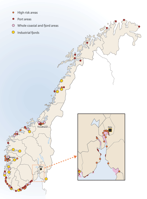 Figure 3.11 Areas with contaminated sediments already mapped. Areas with
 contaminated sediments are divided into categories high-risk areas, port
 areas, whole coastal and fjord areas and industrial fjords, on the
 basis of the size of the areas, the polluti...